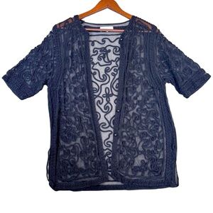 Black Vintage Ribbon Embroidered Duster Sheer Boho Festival Button Front Kimono